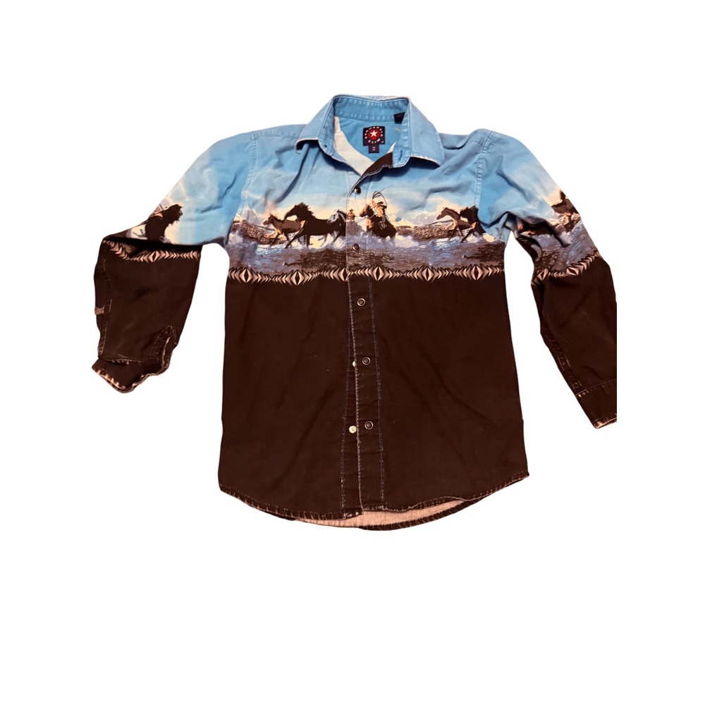 Panhandle Slim Boys Medium Western Horse Graphic Snap Front Shirt Black Blue